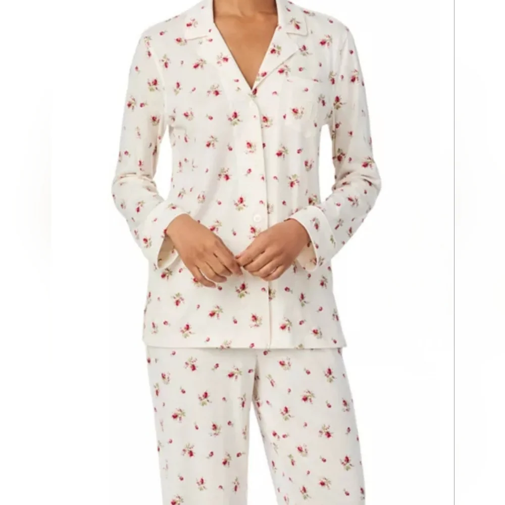 Lauren Ralph Lauren M White W/Red Floral Pajama Set Monogram Pocket AF-2998 - Picture 1 of 14